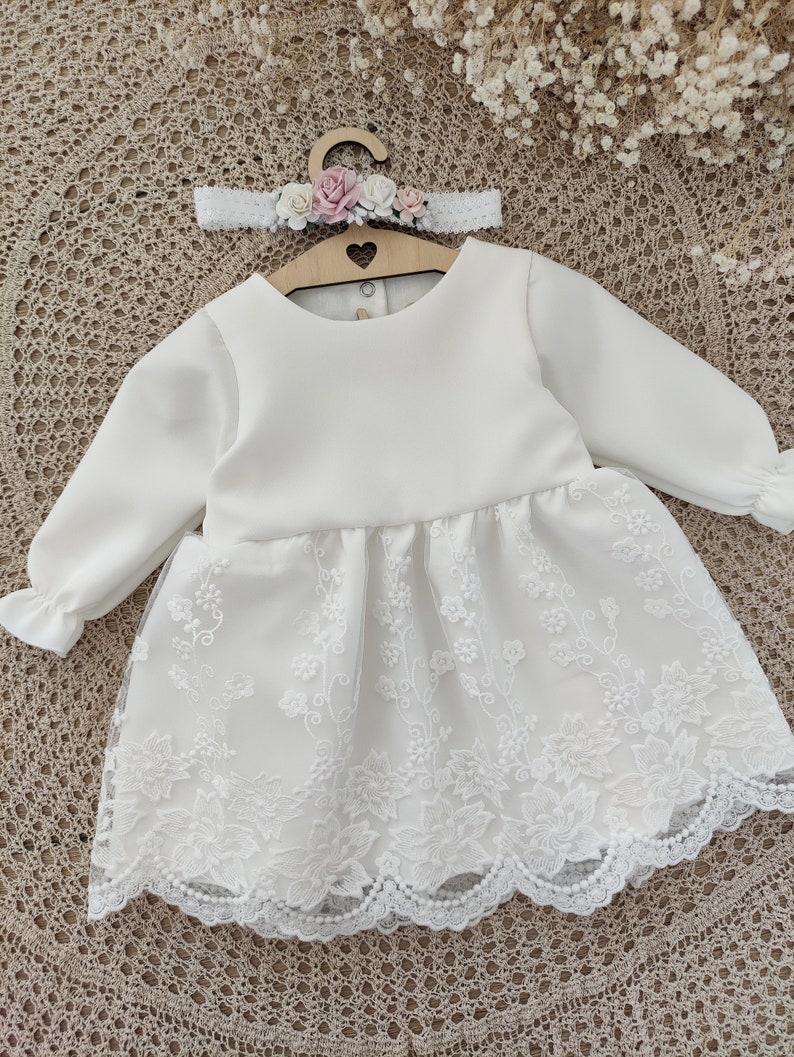 Ecru Baptism dress, Christening dress, Ecru dress with lace, baby dress MARIETA zdjęcie 3