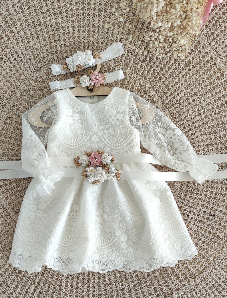 Armina dress Ecru Baptism dress, Christening dress, Ecru dress with lace, baby dress image 7