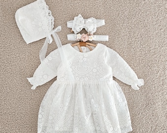 Ecru Lace Christening Dress, Handmade Baby Baptism Gown