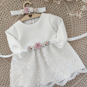 Ecru Baptism dress, Christening dress, Ecru dress with lace, baby dress MARIETA zdjęcie 7