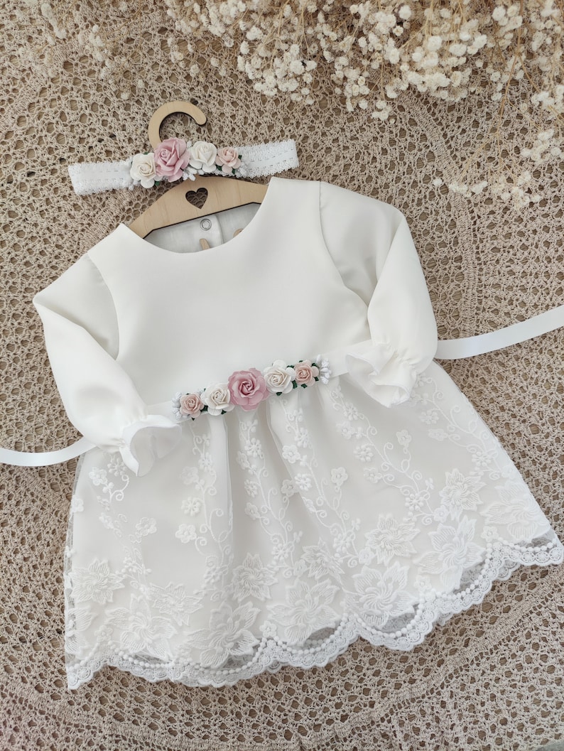 Ecru Baptism dress, Christening dress, Ecru dress with lace, baby dress MARIETA zdjęcie 7