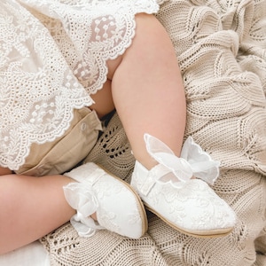 Ecru Baby Girl Shoes, Satin Bow Baptism Shoes