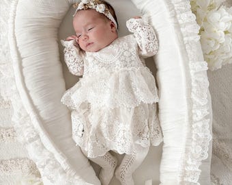Ecru Cotton Lace Christening Dress, Baby Baptism Outfit