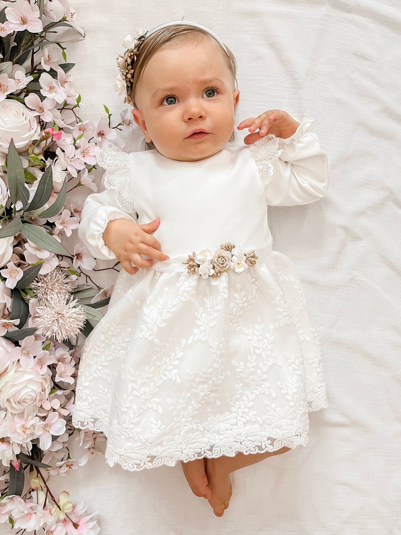 Ecru Baptism dress, Christening dress, Ecru dress with lace, baby dress Hiacynta image 1