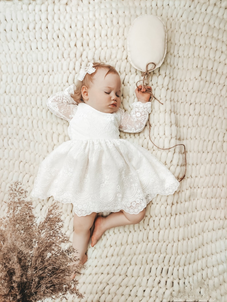 Armina dress Ecru Baptism dress, Christening dress, Ecru dress with lace, baby dress zdjęcie 6