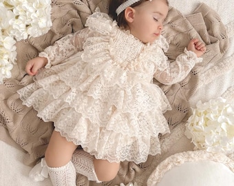 Beige Cotton Christening Dress, Embroidered Lace Baby Gown