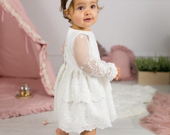 Ecru Baptism dress, Christening dress, Ecru dress with lace, baby dress CHANTAL