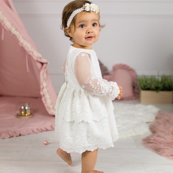 Ecru Baptism dress, Christening dress, Ecru dress with lace, baby dress CHANTAL