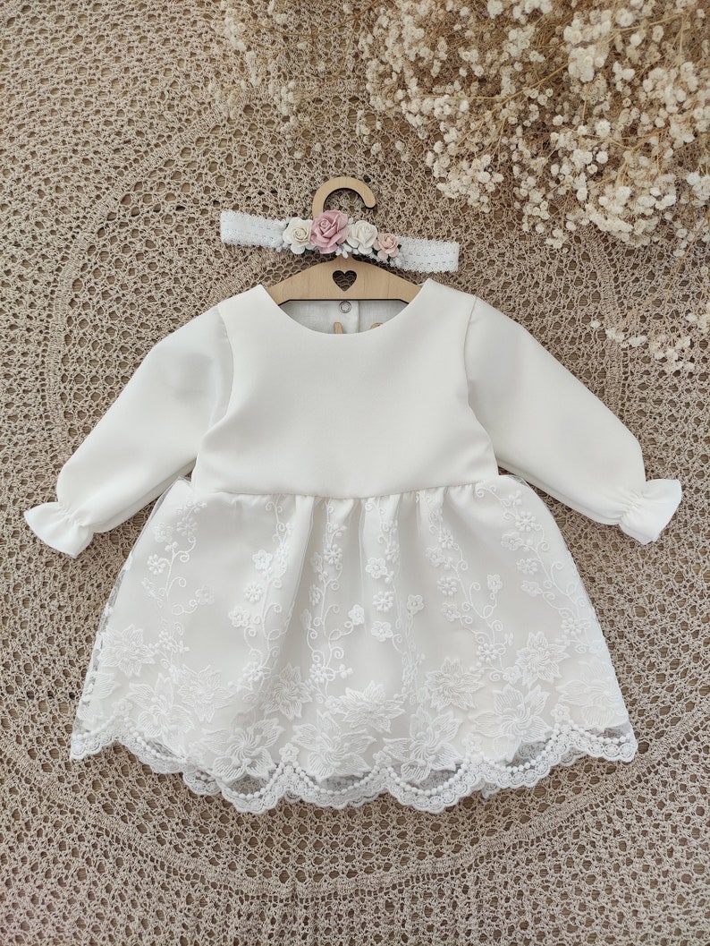 Ecru Baptism dress, Christening dress, Ecru dress with lace, baby dress MARIETA zdjęcie 2