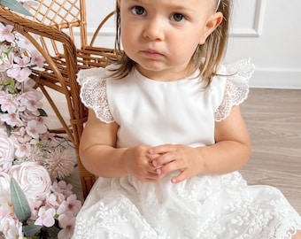 Ecru Baptism dress, Christening dress, Ecru dress with lace, baby dress Hiacynta