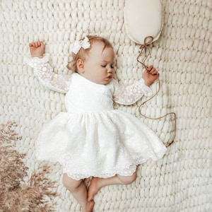 Armina dress Ecru Baptism dress, Christening dress, Ecru dress with lace, baby dress zdjęcie 1