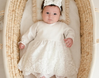 Ecru Lace Christening Dress, Handmade Baby Baptism Gown, ONLY DRESS