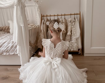 Beige Tulle Christening Dress, Lace Bodice, Flower Girl Wedding Gown