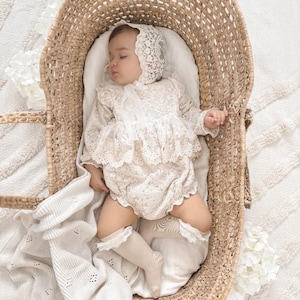 Lace Baptism Rampers for Girls, Oriana Beige, Long Sleeves, Taufekleider