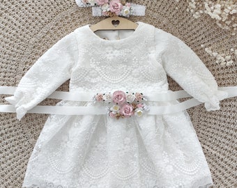 ARMINA Ecru Baptism dress, Christening dress, Ecru dress with lace, baby dress