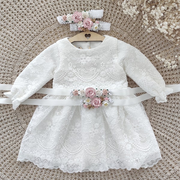 ARMINA Ecru Baptism dress, Christening dress, Ecru dress with lace, baby dress