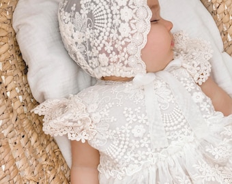 Elegant BONNET, Lace Christening  – Armina2, Beige