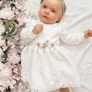 Ecru Baptism dress, Christening dress, Ecru dress with lace, baby dress Hiacynta zdjęcie 4