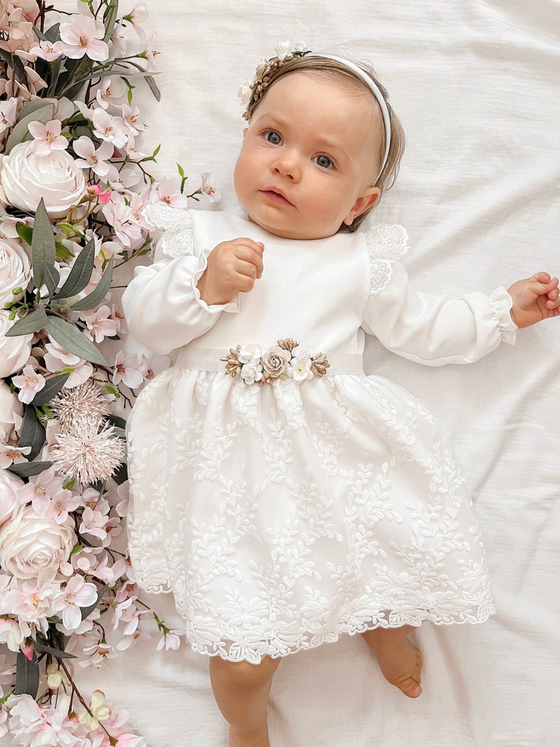 Ecru Baptism dress, Christening dress, Ecru dress with lace, baby dress Hiacynta zdjęcie 4