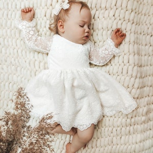 Armina dress Ecru Baptism dress, Christening dress, Ecru dress with lace, baby dress zdjęcie 3