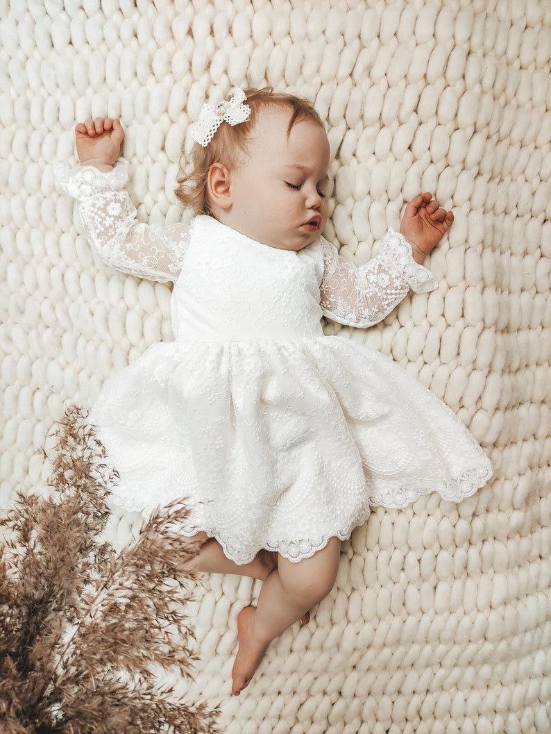 Armina dress Ecru Baptism dress, Christening dress, Ecru dress with lace, baby dress zdjęcie 3