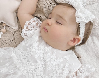 Ecru Christening Headband for Girls, Lace Jula