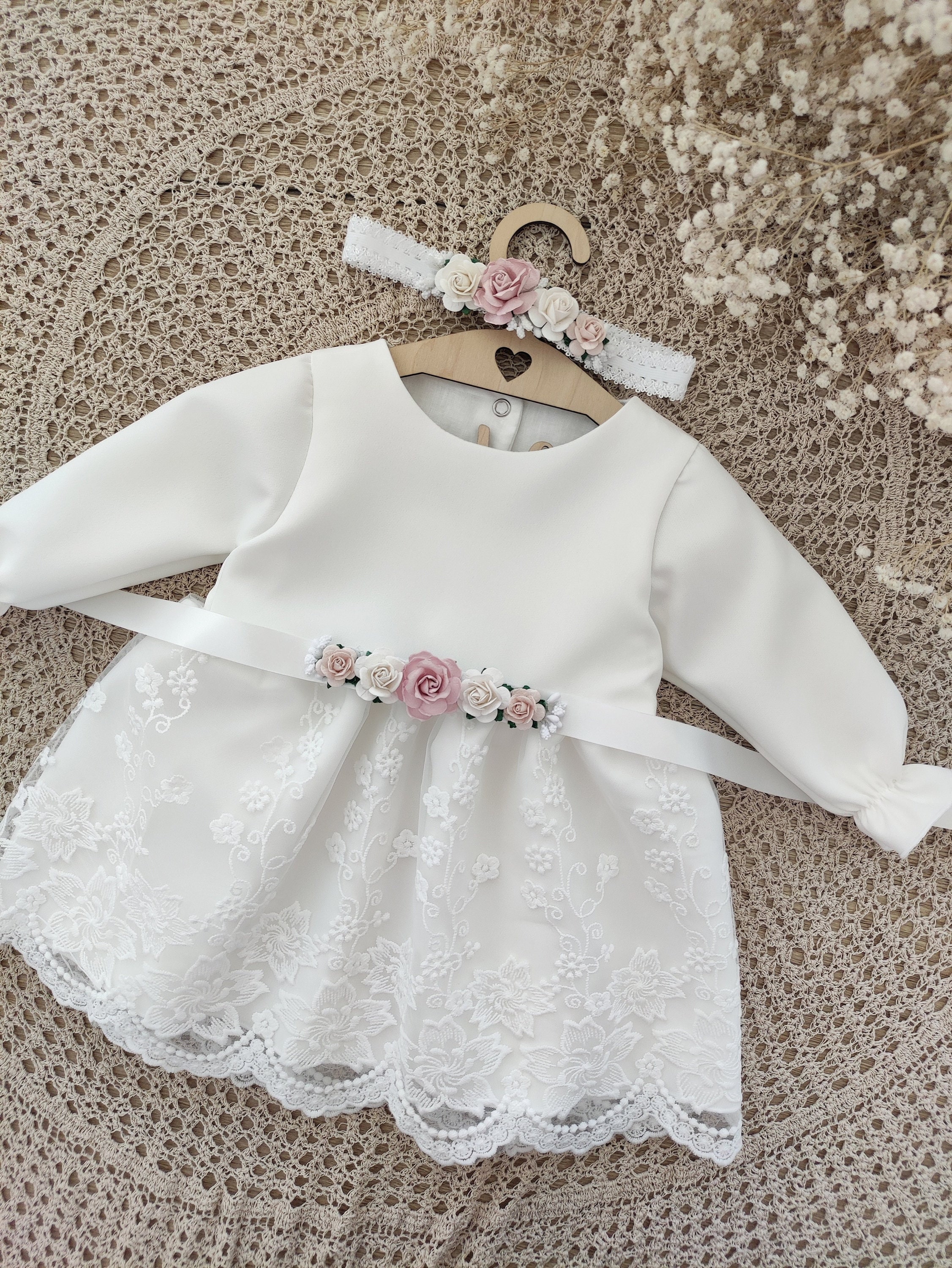 Ecru Baptism dress, Christening dress, Ecru dress with lace, baby dress MARIETA