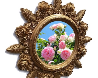 Round gold mirror with golden flowers. Wall mirror / Vintage Mirror / Modern mirror