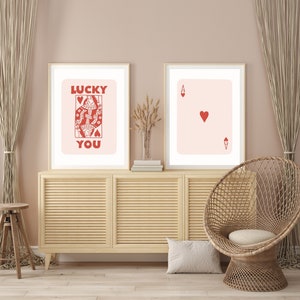 Set di 2 arte da parete retrò alla moda, stampa estetica retrò alla moda, poster di carte Blush Ace, poster Lucky You, arte da parete alla moda, arte divertente, digitale