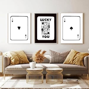 Black King Hearts Ace Card Poster, Lucky You Poster, Trendy Retro Wall Art Set Of 3, Trendy Aesthetic Print, Black Spade, Funny Art, Digital