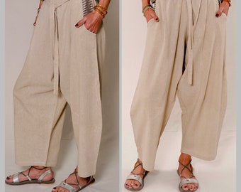 Beige Funky Cotton Baggy 3/4 Trouser