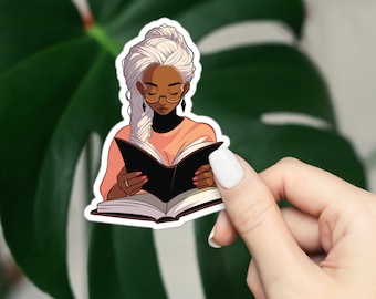 Pegatina de mujer negra leyendo, pegatina de reina negra
