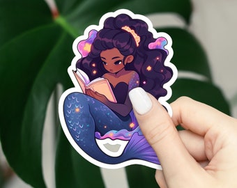 Black Mermaid Bookworm Sticker, Black Mermaid Reader Sticker, Book Sticker, Reading Sticker, Bookish Sticker