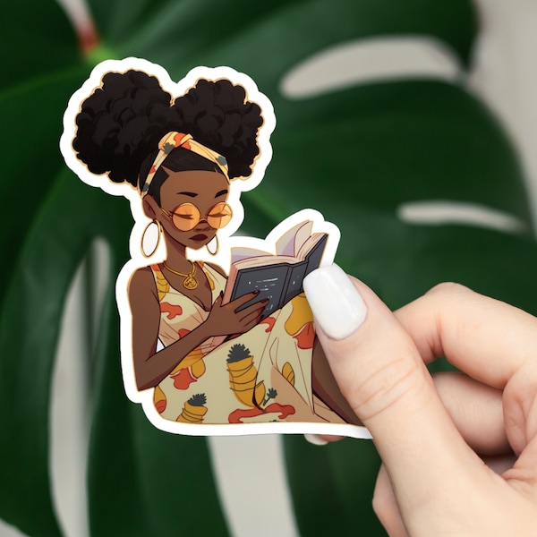 Black Woman Reading Sticker, Kindle Sticker, Smut Reader, reading lover, Bookish Merch