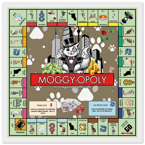 Stampa di razze di gatti del gioco da tavolo Monopoly, poster da parete divertente per amanti dei gatti e proprietari di animali domestici, stampa con cornice unica e interessante per proprietari di gatti