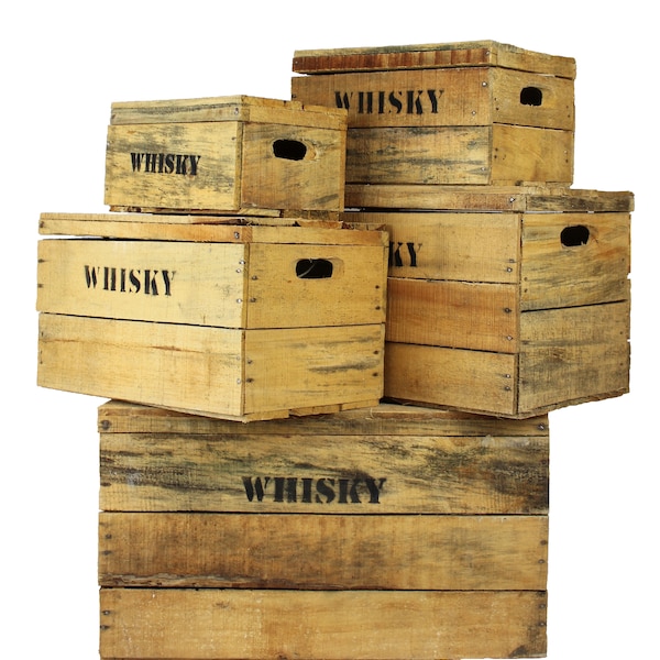 Whisky Holzkiste Vintage, Weinkiste, Obstkiste, Truhe, Dekokiste mit Deckel und Aufdruck in verschiedenen Größen