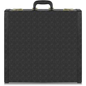May include: Black briefcase with a repeating embossed pattern. The briefcase has a black handle and gold-coloured hardware. The case is rectangular and appears to be made of leather or a leather-like material.