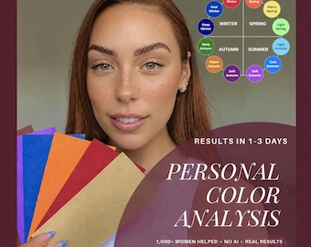 May include: A personal color analysis service graphic featuring a color wheel with seasonal categories, text reading RESULTS IN 1-3 DAYS, PERSONAL COLOR ANALYSIS, and 1,000+ WOMEN HELPED - NO AI - REAL RESULTS PERSONALLY ANALYZED BY TWO CERTIFIED EXPERTS.