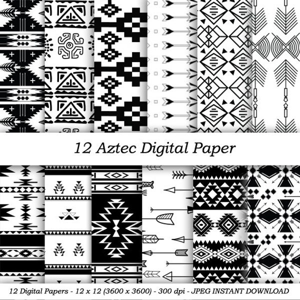 Aztec Digital Papers 12x12 Minimal aztec, tribal paper patterns Scrapbooking, tribal backgrounds, black and white Native American patterns