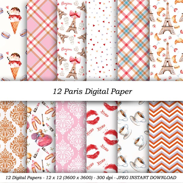 Paris Digital Papers" 12x12 sheets 300 dpi patterns scrapbooking icecream papers, Valentine digital paper macaroons paper, PAT File included