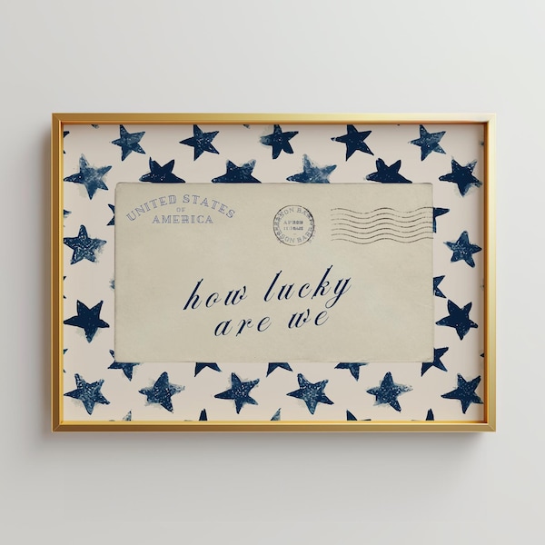 How Lucky Are We Print, Patriotic Americana Wall Art, 4th of July Decor, Navy Stars Vintage Postcard Poster, USA 250 Wall Decor