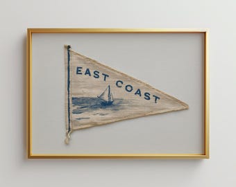 East Coast Pennant Print, Vintage Coastal Wall Art, Hamptons Nautical Wall Art, Preppy Coastal Print for Beach House Decor, Sailboat Artwork