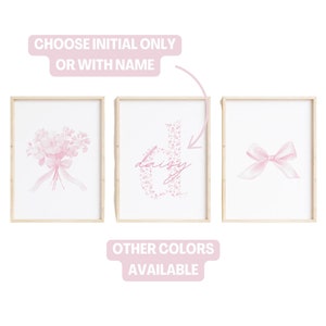 Custom Initial Name Art Set of 3, Personalized Nursery Bow Prints, Pink, Blue or Green Baby Girl Nursery Wall Art Coquette, Bow Nursery Art