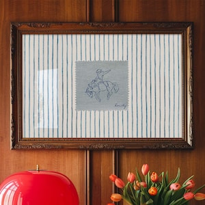 Vintage Cowboy Wall Art, Blue Stripes Horse Poster, Blue White Western Art Print, Vintage Stripes Painting, Horizontal Cowgirl Wall Art
