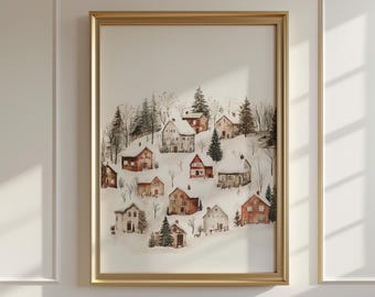 Winter Village Print, Snowy Landscape Wall Art, Whimsical Christmas Decor, Cottagecore Seasonal Landscape Poster, Rustic Holiday Painting