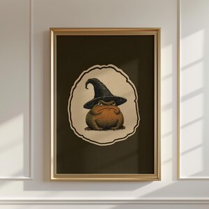 May include: A framed wall art print featuring a central illustration of a brown toad wearing a black pointed hat. The toad is set against a beige, irregularly shaped background, which is enclosed within a dark brown rectangular frame.