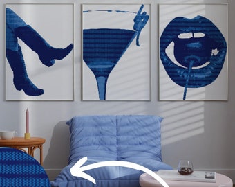 Blue Retro Print Set: Cowboy Boot, Cocktail, Cherry Lips (Digital Download)