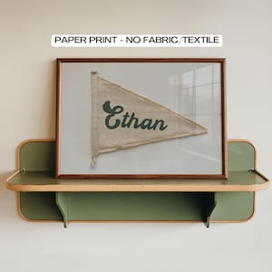 May include: A rectangular wooden frame containing a paper print of a beige triangular pennant with the name Ethan written in dark green cursive script. The text PAPER PRINT - NO FABRIC/TEXTILE is visible above the framed artwork.