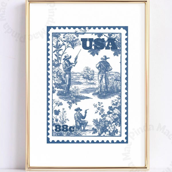 Blue Cowboy Toile Print: Retro Americana Wild West Art (Digital Download)