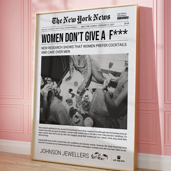 Newspaper Retro Wall Art, Trendy Newspaper Poster, Aesthetic Black and White Art Poster, Funky Cocktail Poster, Feminist News Print, Preppy